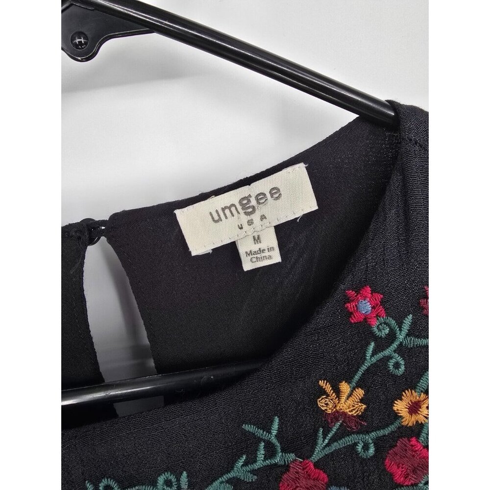 Umgee Medium Tunic Dress Black Boho Hippie Floral Embroidered Bell Sleeve - Picture 4 of 6